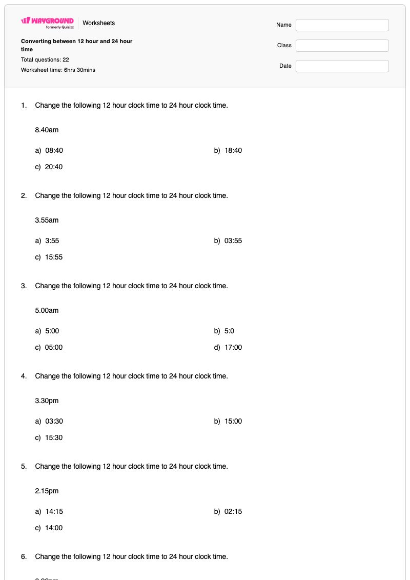 Converting between 12 hour and 24 hour time - Printable Time-to-the-hour Worksheets - Wayground