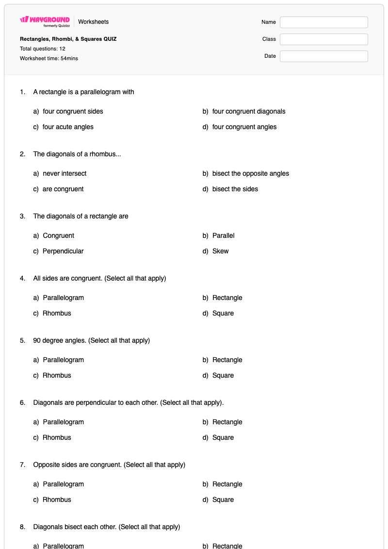 Rectangles, Rhombi, & Squares QUIZ - Printable Properties-of-rhombi Worksheets - Wayground