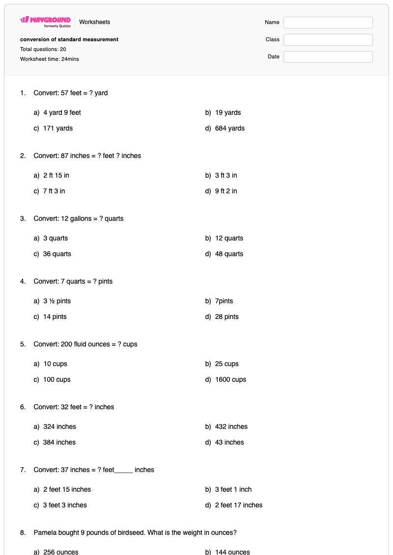 conversion of standard measurement - พิมพ์ได้ Non-standard-units เวิร์กชีท - Wayground
