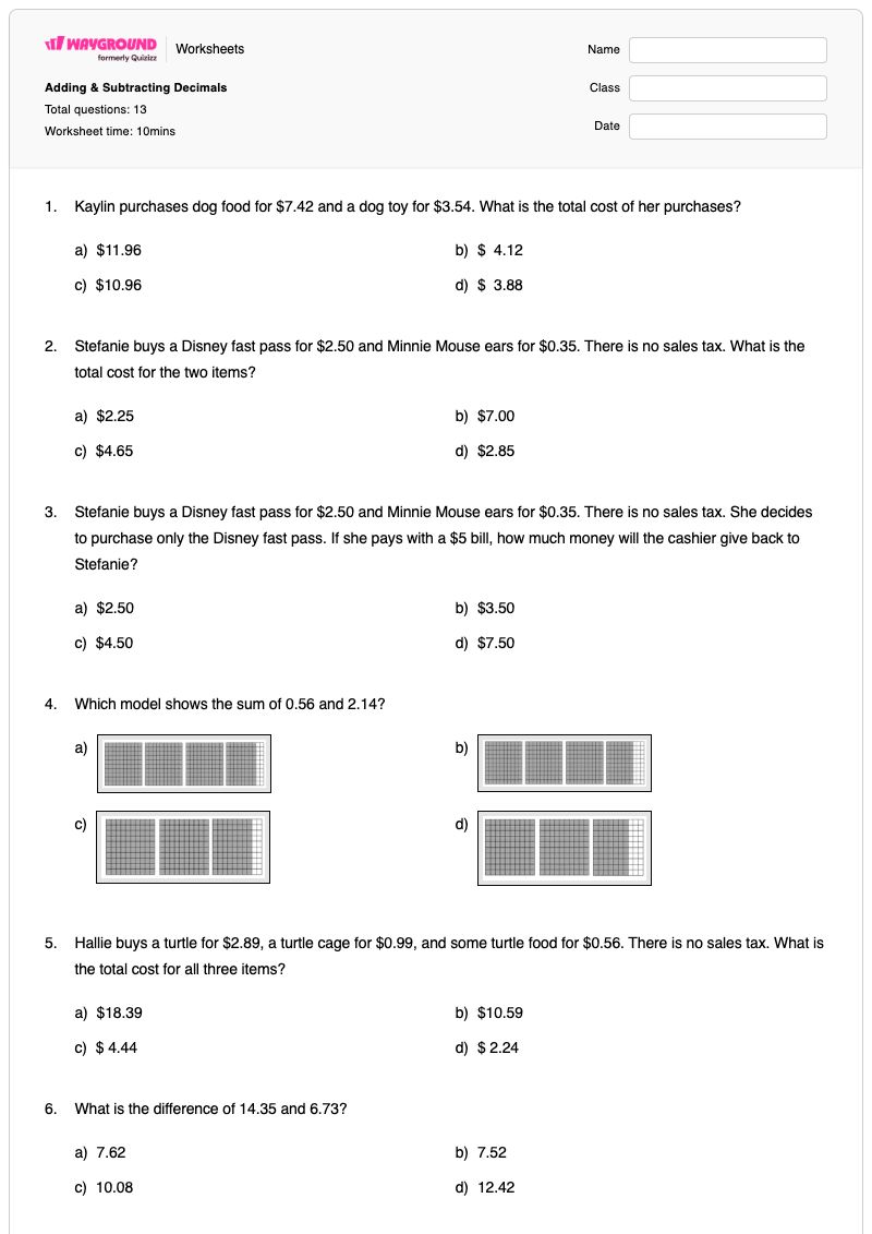 Adding & Subtracting Decimals - พิมพ์ได้ โจทย์ปัญหาเกี่ยวกับการลบ เวิร์กชีท - Wayground