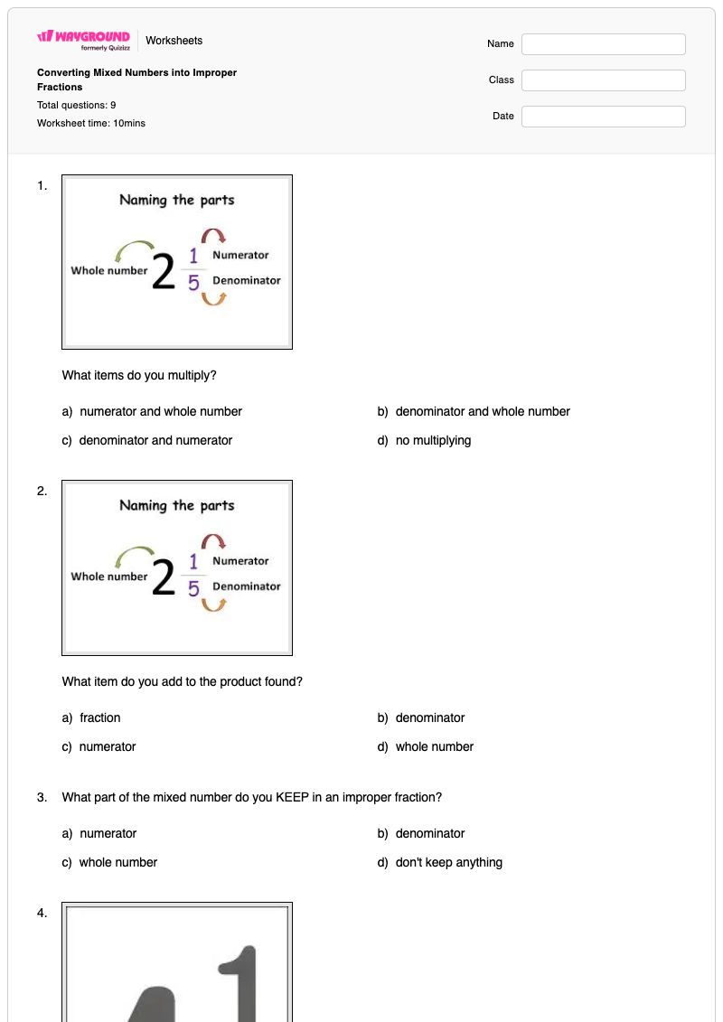 Converting Mixed Numbers into Improper Fractions - พิมพ์ได้ จำนวนคละและเศษส่วนเกิน เวิร์กชีท - Wayground