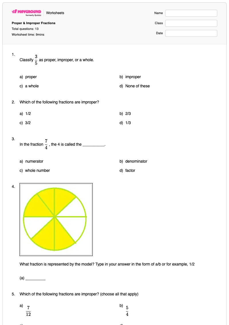 Proper & Improper Fractions - Printable Fractions Worksheets - Wayground