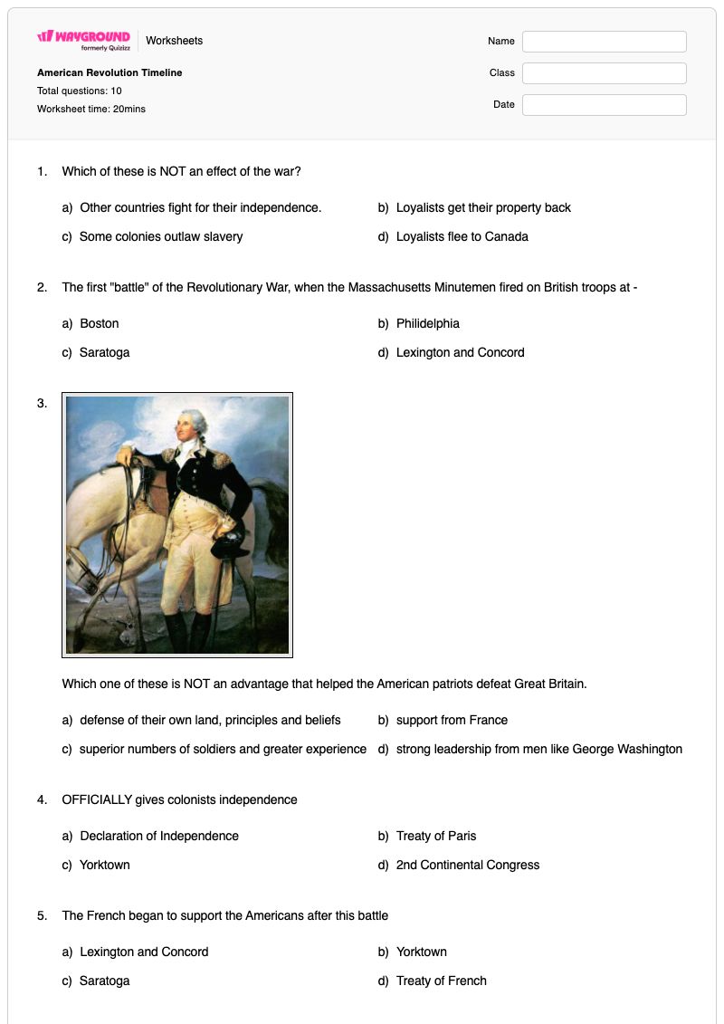 American Revolution Timeline - พิมพ์ได้ การปฏิวัติอเมริกา เวิร์กชีท ระดับ 8 - Wayground