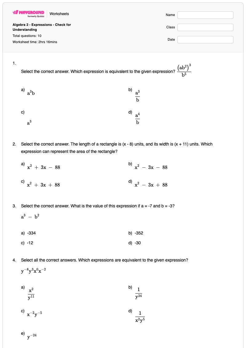 Algebra 2 - Expressions - Check for Understanding - Printable Algebra-2 Worksheets - Wayground