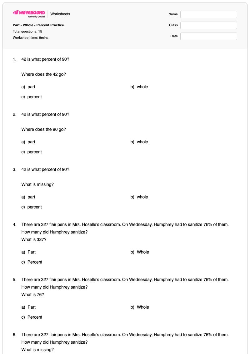 Part - Whole - Percent Practice - Printable Part-part-whole-relationships Worksheets - Wayground