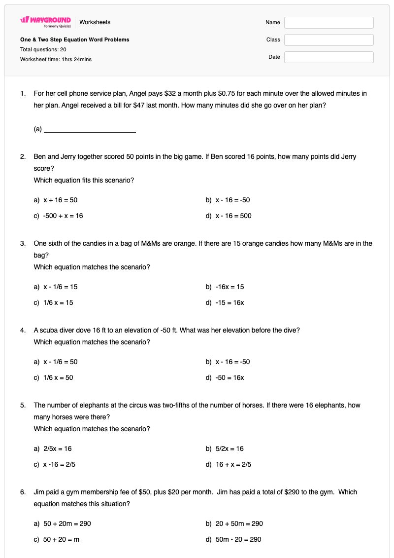 One & Two Step Equation Word Problems - พิมพ์ได้ สมการขั้นตอนเดียว เวิร์กชีท - Wayground