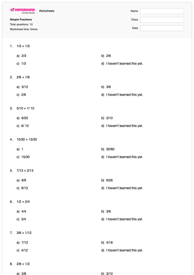 Simple Fractions  - Printable Fractions Worksheets - Wayground