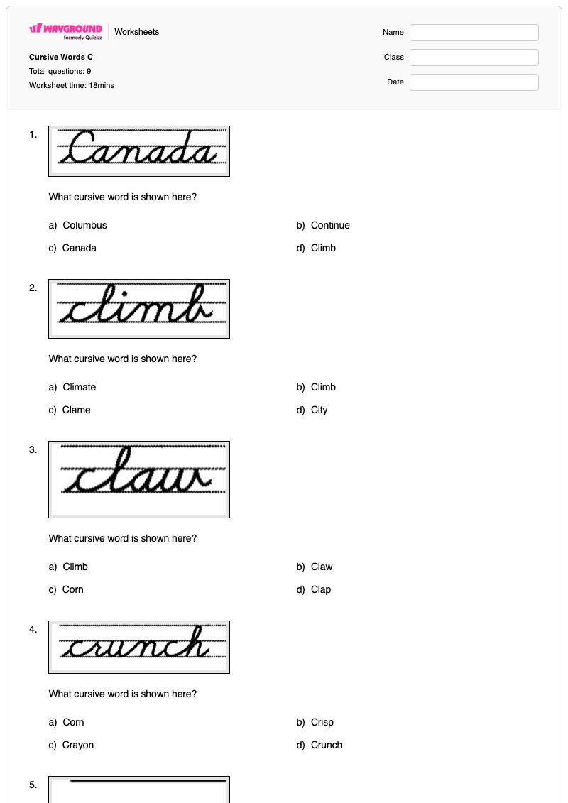 Cursive Words C - พิมพ์ได้ Cursive-writing เวิร์กชีท ระดับ 4 - Wayground
