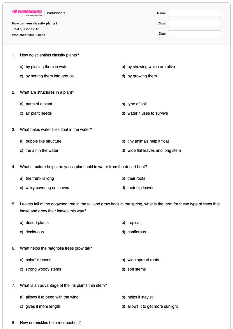 How can you classify plants? - Printable Math Worksheets - Wayground