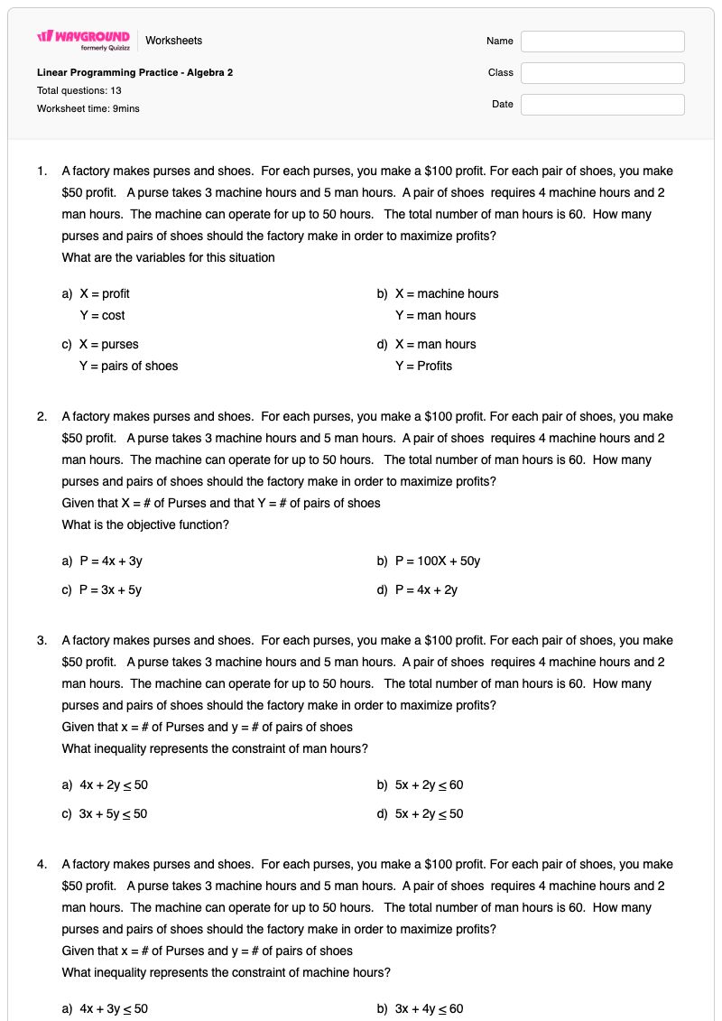 Linear Programming Practice - Algebra 2 - Printable Algebra-2 Worksheets - Wayground