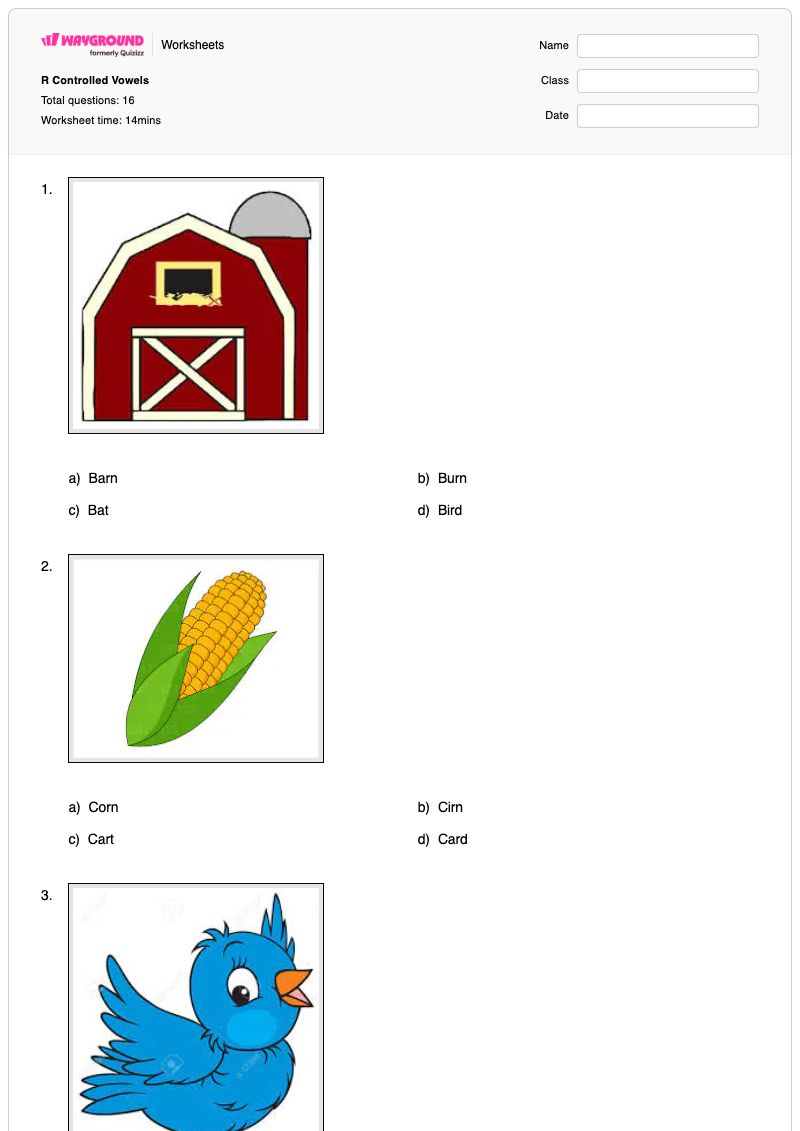 R Controlled Vowels - Printable R-controlled-vowels Worksheets Grade 1 - Wayground