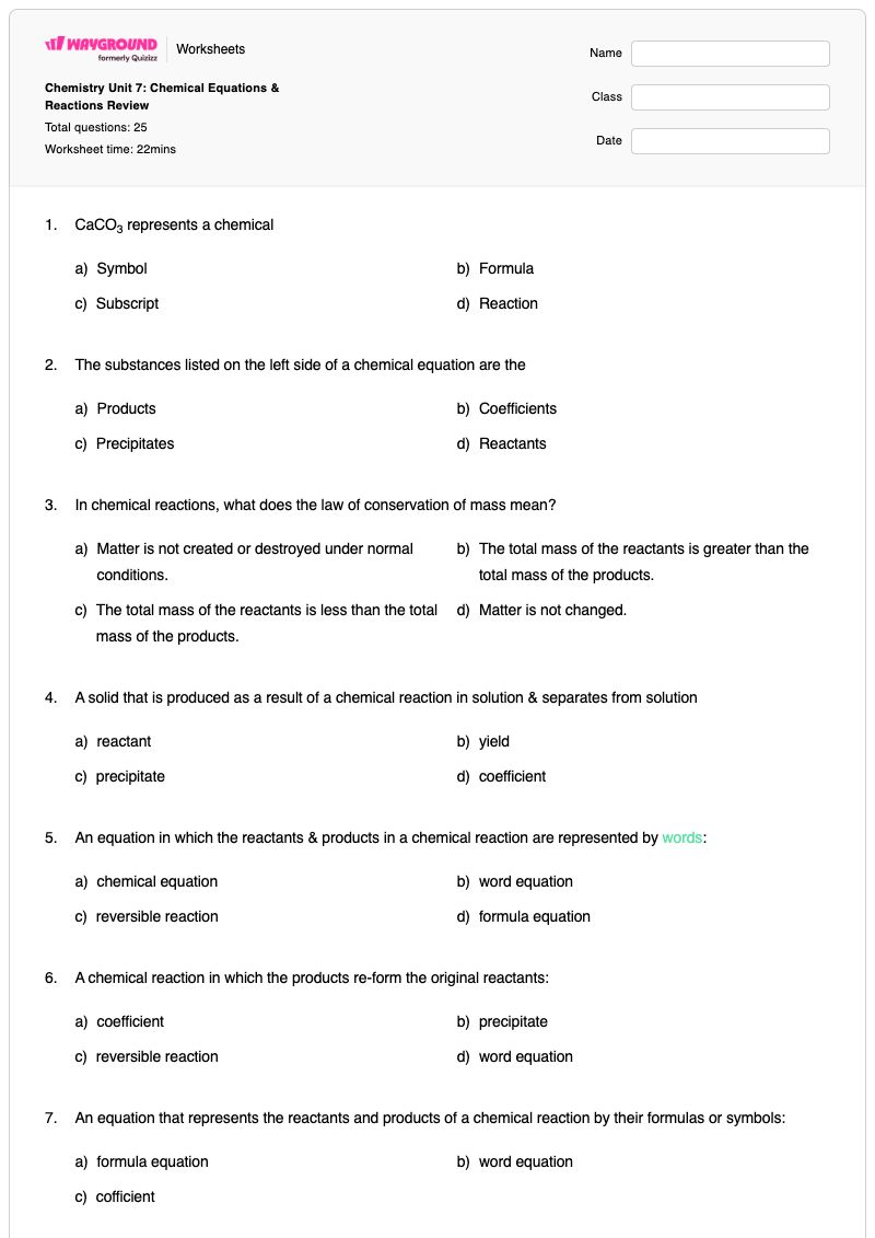 Chemistry Unit 7: Chemical Equations & Reactions Review - Printable Chemistry Worksheets - Wayground