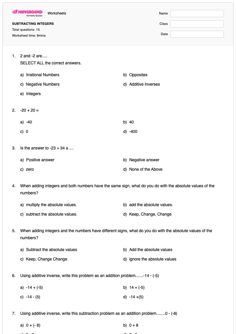 SUBTRACTING INTEGERS - Printable Subtracting-negative-integers Worksheets Year 7 - Wayground
