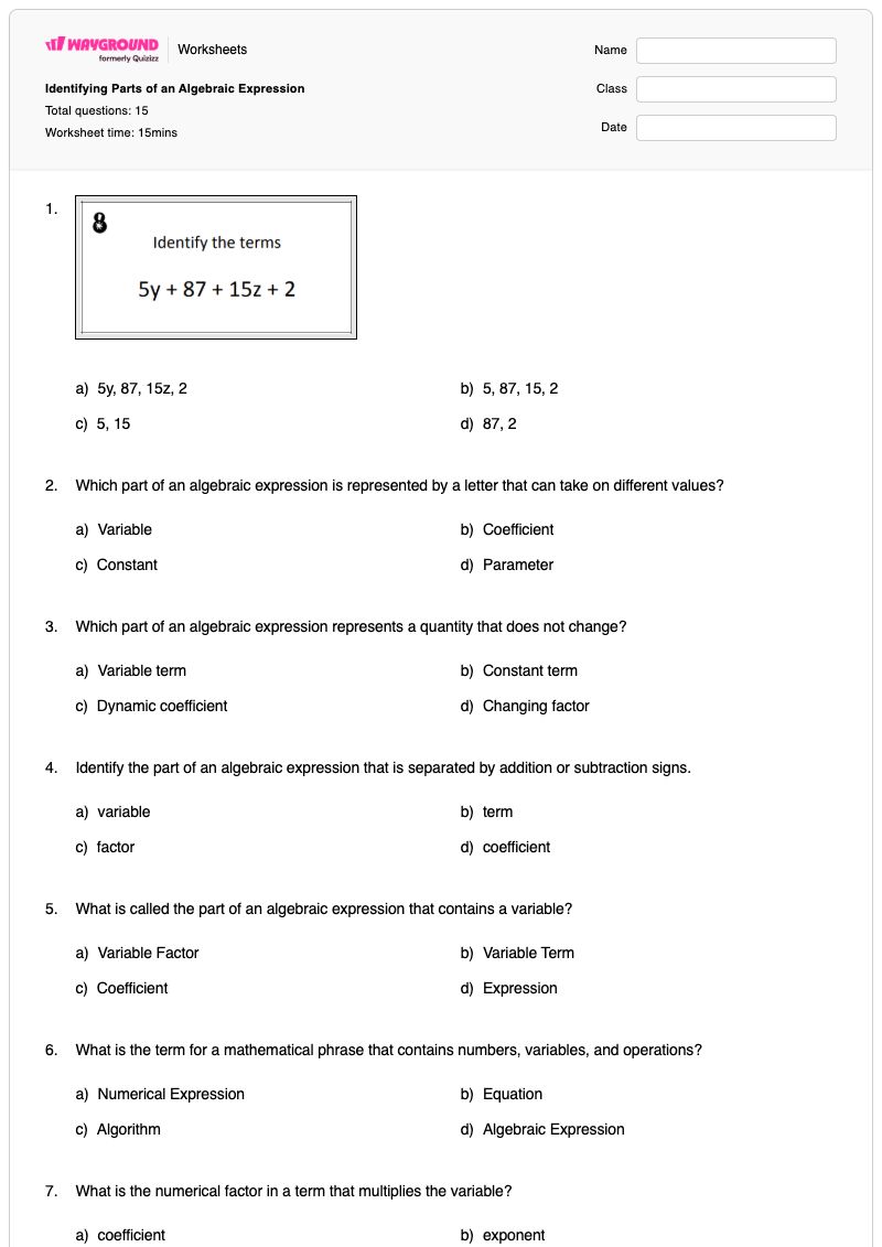 Identifying Parts of an Algebraic Expression - Printable Parts-of-an-expression Worksheets - Wayground