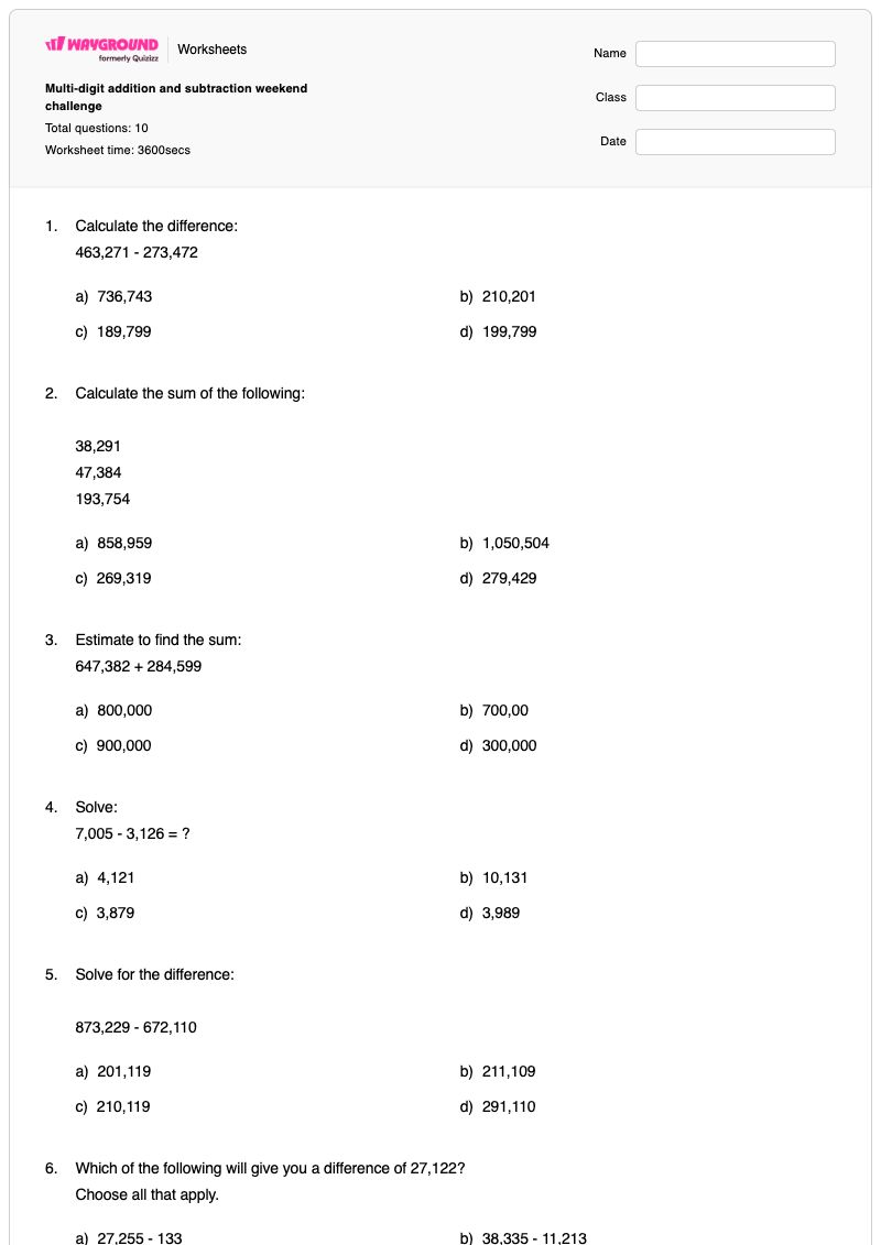 Multi-digit addition and subtraction weekend challenge - พิมพ์ได้ Addition-and-subtraction เวิร์กชีท - Wayground