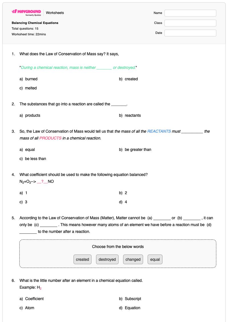 Balancing Chemical Equations - พิมพ์ได้ Balance-in-equations เวิร์กชีท - Wayground