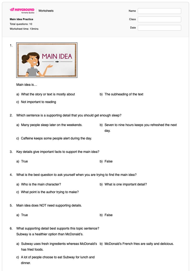 Main Idea Practice - Printable Identifying-the-main-idea Worksheets Year 5 - Wayground