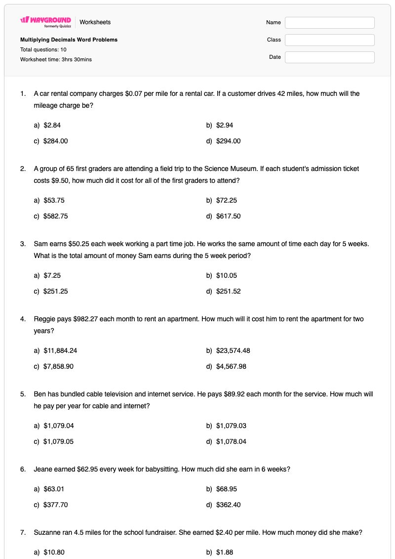 Multiplying Decimals Word Problems - พิมพ์ได้ Decimal-word-problems เวิร์กชีท - Wayground