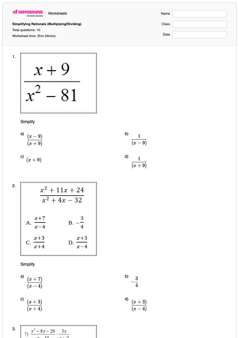 Simplifying Rationals (Multiplying/Dividing) - พิมพ์ได้ การแสดงออก เวิร์กชีท - Wayground