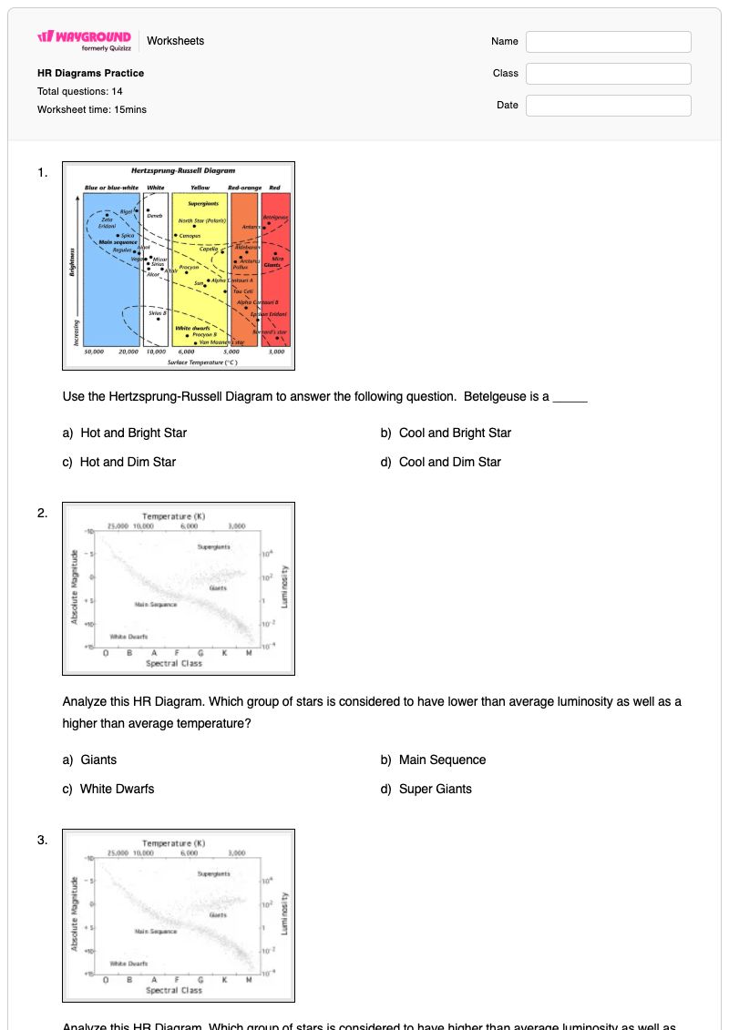 HR Diagrams Practice - Printable Ray-diagrams Worksheets Grade 9 - Wayground
