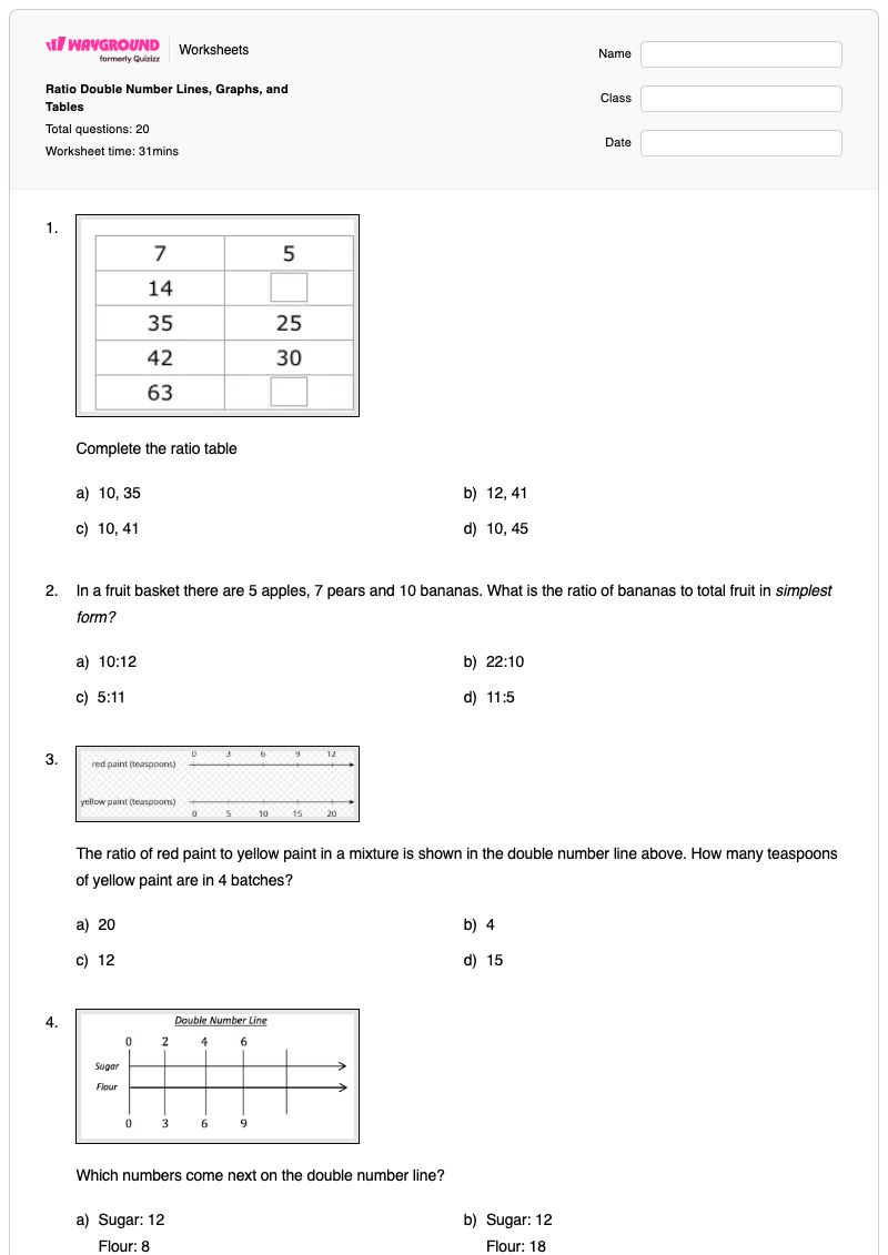 Ratio Double Number Lines, Graphs, and Tables - พิมพ์ได้ Double-number-line เวิร์กชีท - Wayground