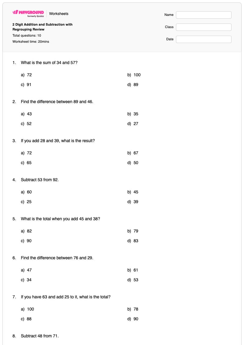 2 Digit Addition and Subtraction with Regrouping Review - พิมพ์ได้ Addition-and-subtraction เวิร์กชีท - Wayground