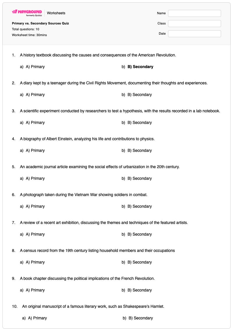 Primary vs. Secondary Sources Quiz - พิมพ์ได้ การวิเคราะห์แหล่งข้อมูลปฐมภูมิ เวิร์กชีท - Wayground