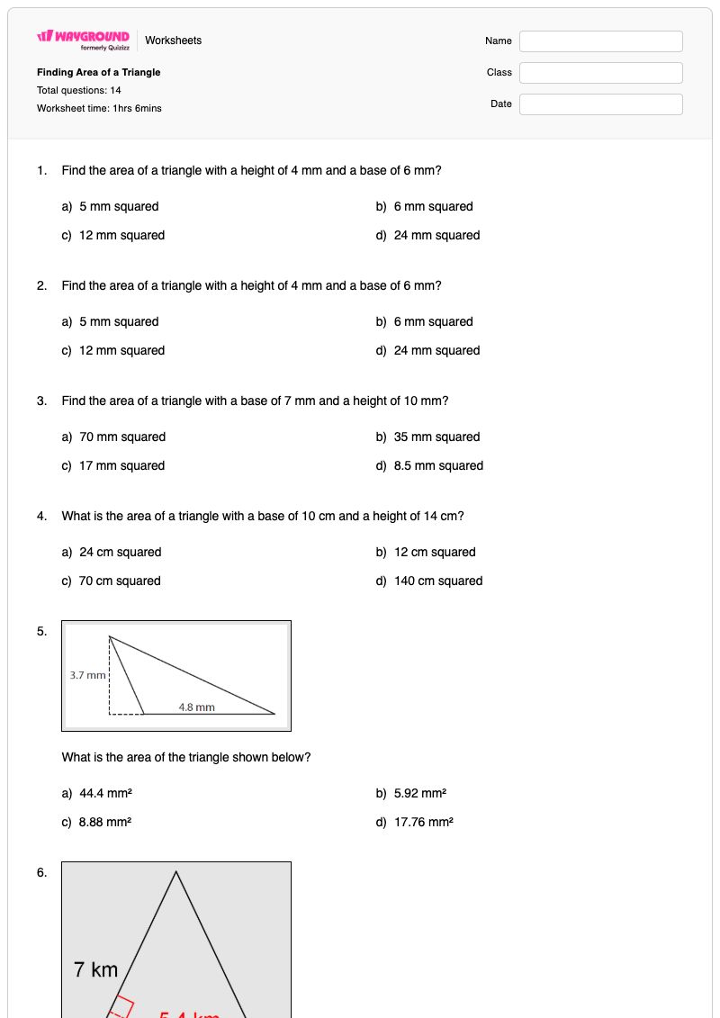 Finding Area of a Triangle - Printable Area-of-a-triangle Worksheets - Wayground