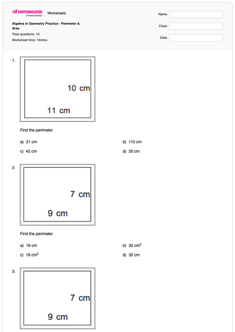 Algebra in Geometry Practice - Perimeter & Area - พิมพ์ได้ พื้นที่และปริมณฑล เวิร์กชีท - Wayground