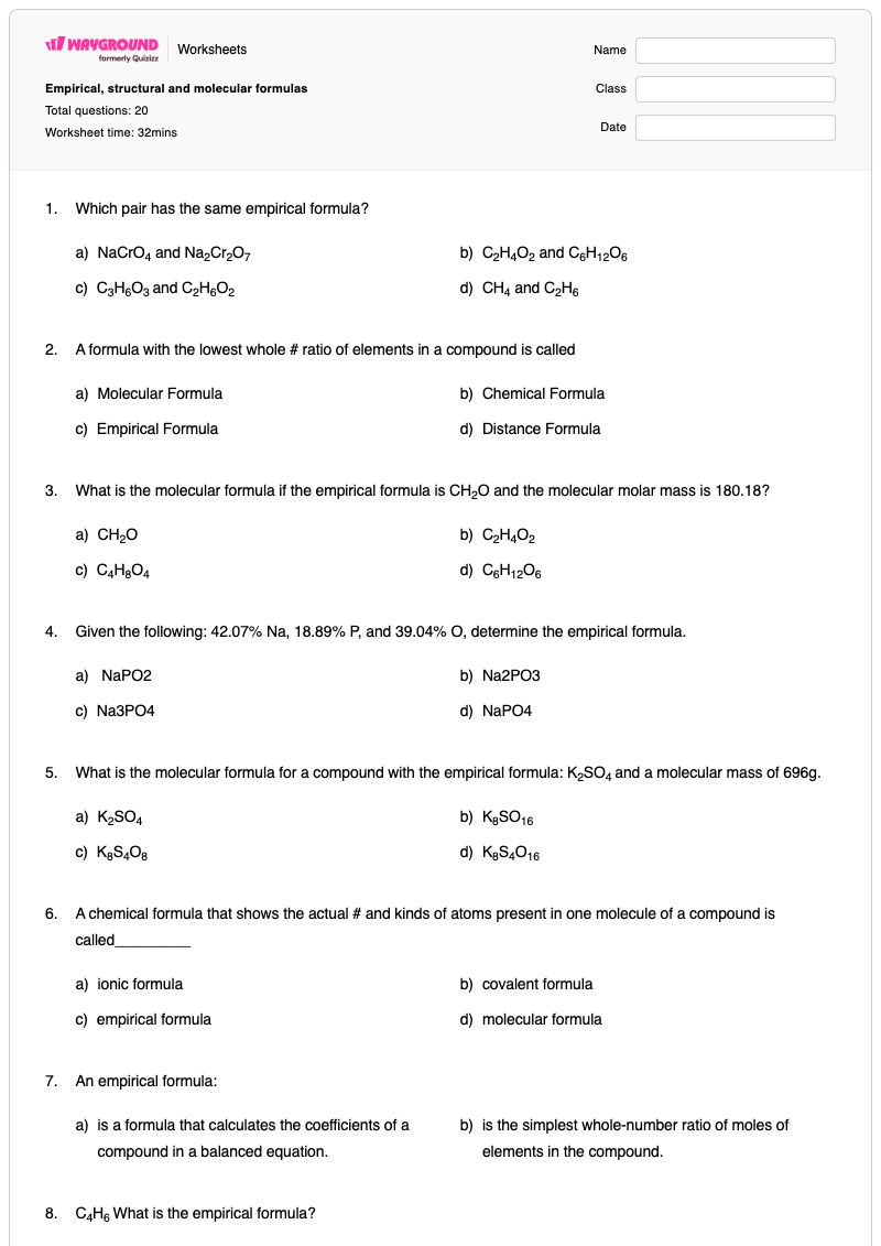 Empirical, structural and molecular formulas - พิมพ์ได้ Empirical-and-molecular-formula เวิร์กชีท ระดับ 10 - Wayground