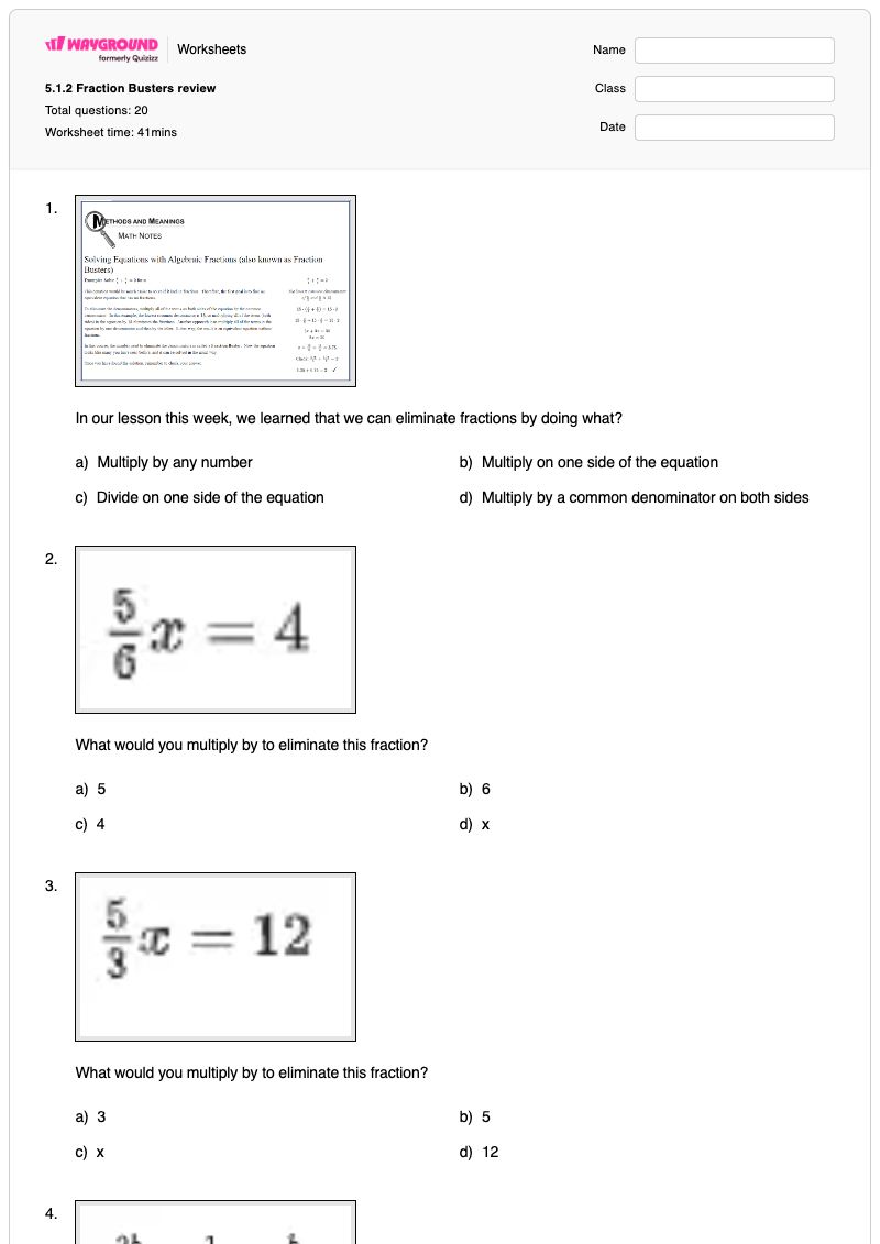5.1.2 Fraction Busters review - Printable Fractions Worksheets - Wayground