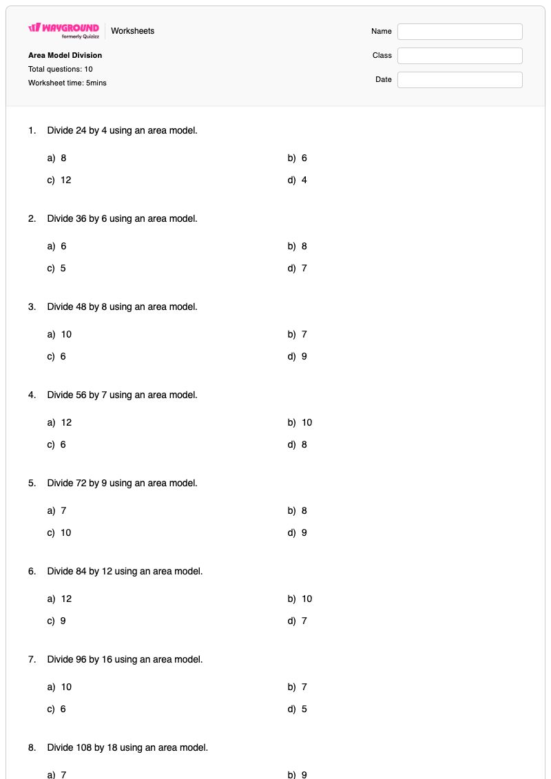 Area Model Division - Printable Division Worksheets - Wayground