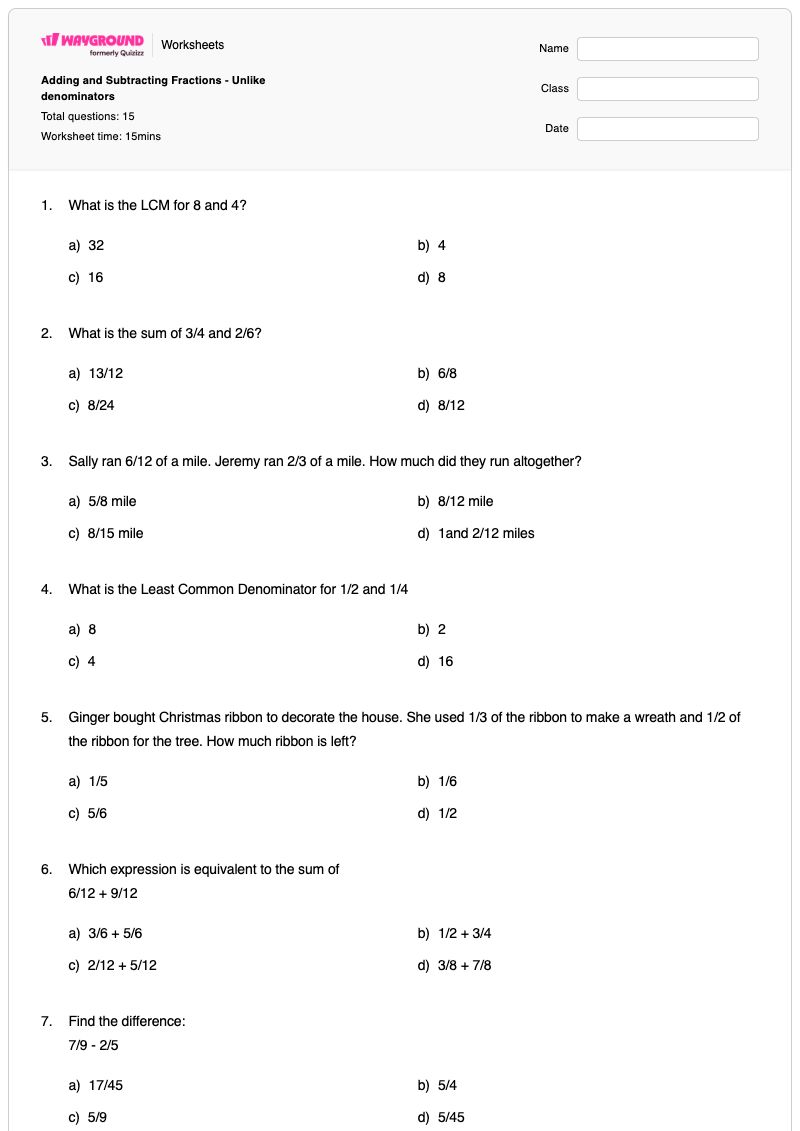 Adding and Subtracting Fractions - Unlike denominators - Printable Adding-and-subtracting-fractions Worksheets Grade 5 - Wayground