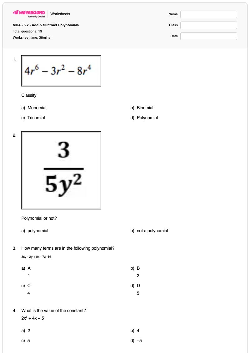 MCA - 5.2 - Add & Subtract Polynomials - พิมพ์ได้ การรวมพหุนาม เวิร์กชีท ระดับ 12 - Wayground