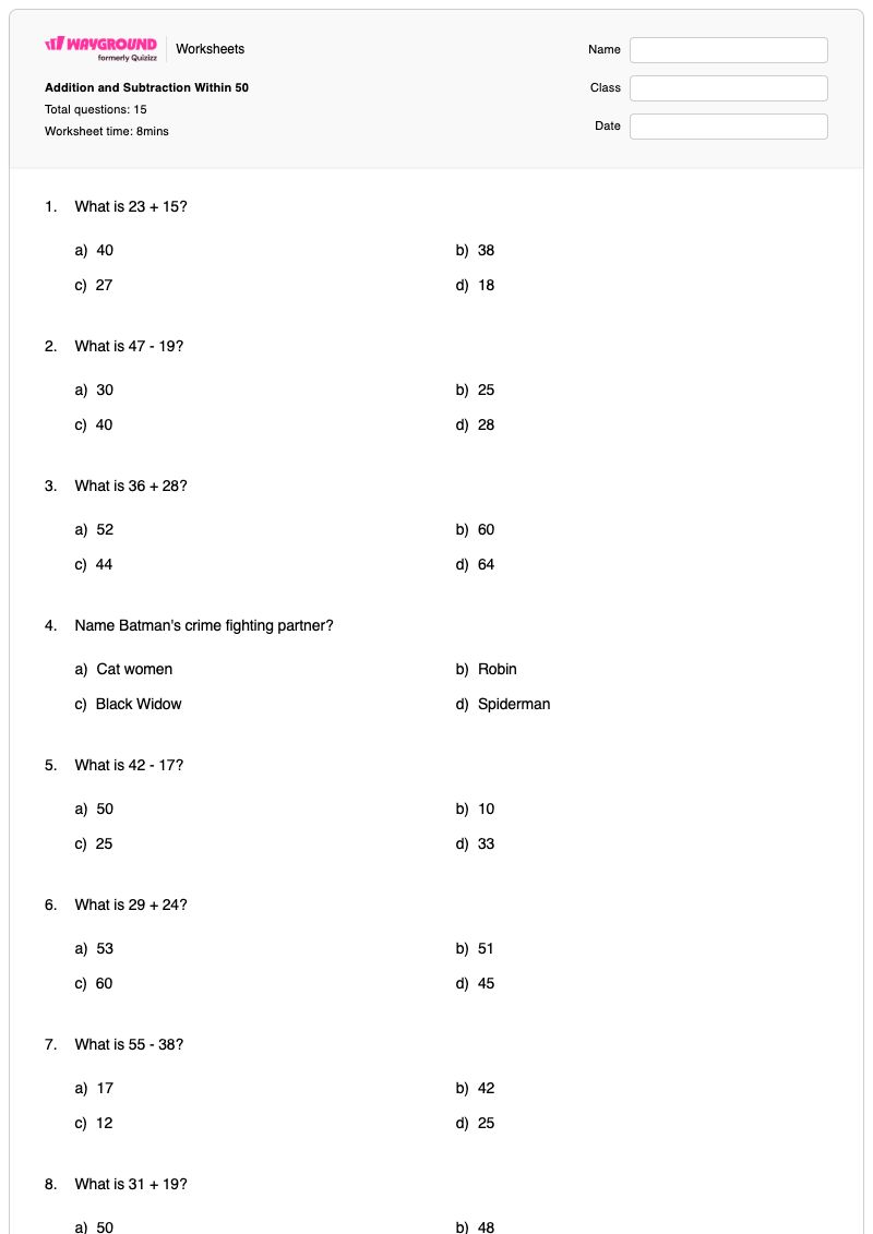 Addition and Subtraction Within 50  - พิมพ์ได้ Addition-and-subtraction เวิร์กชีท - Wayground