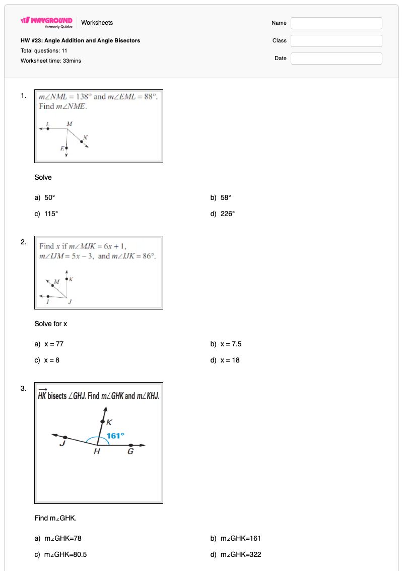 HW #23: Angle Addition and Angle Bisectors - พิมพ์ได้ Angle-bisector เวิร์กชีท - Wayground