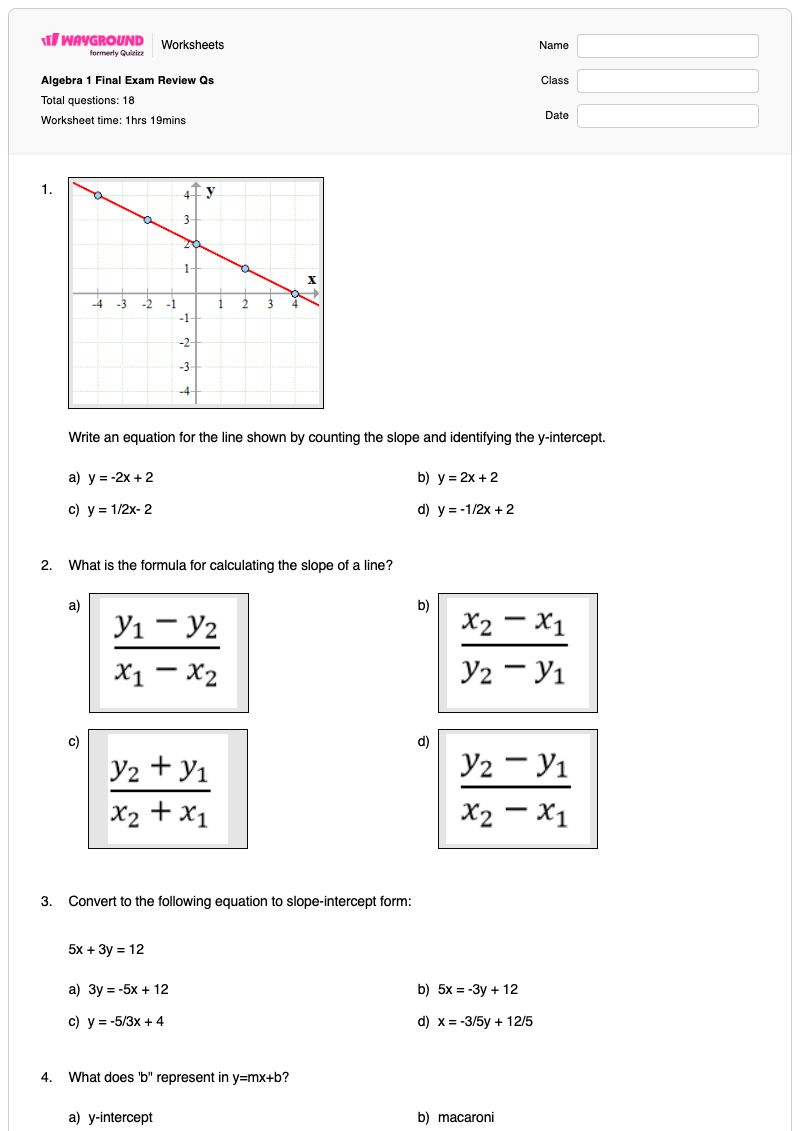 Algebra 1 Final Exam Review Qs - พิมพ์ได้ รูปแบบความชัน-จุดตัดแกน เวิร์กชีท - Wayground