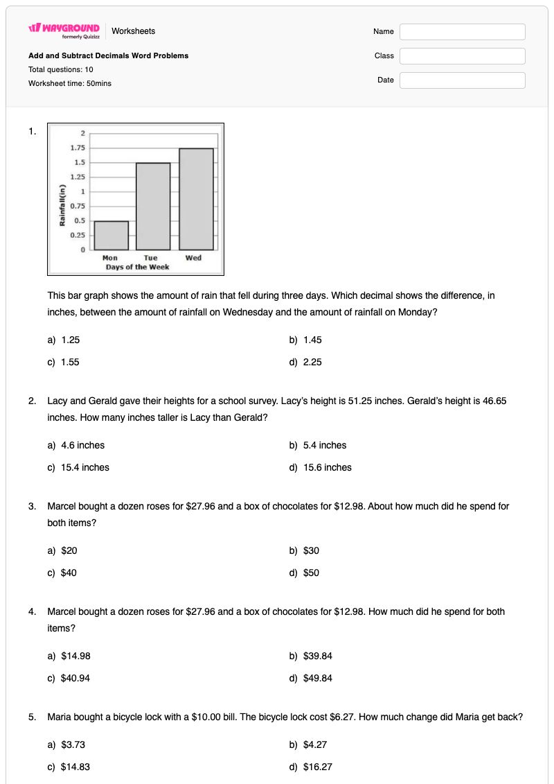 Add and Subtract Decimals Word Problems - พิมพ์ได้ Decimal-word-problems เวิร์กชีท - Wayground
