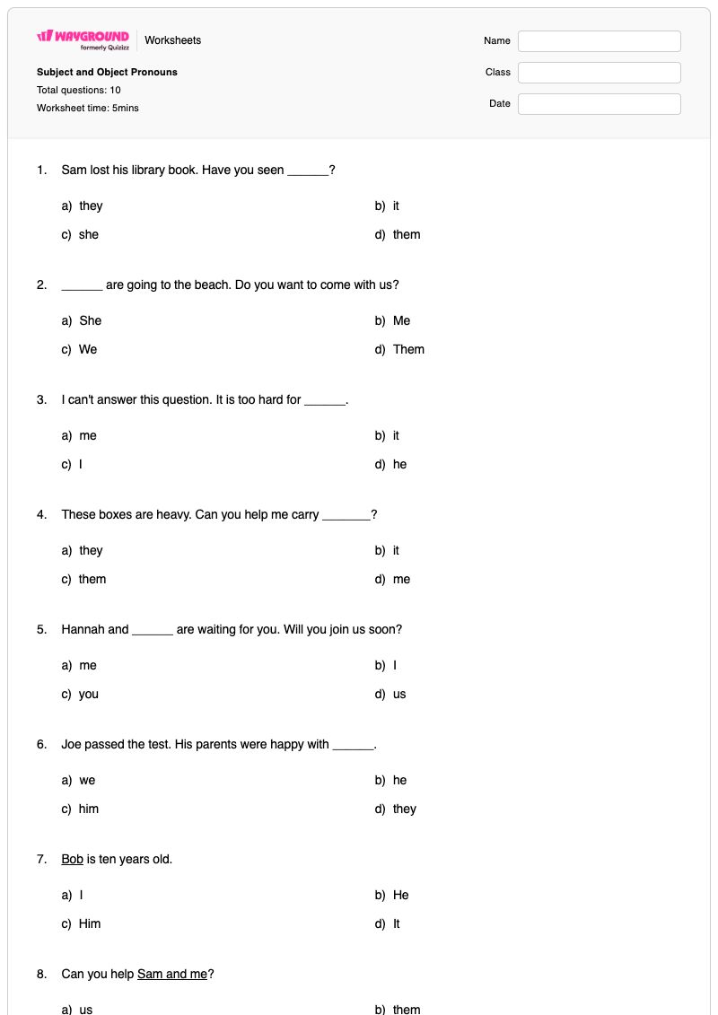 Subject and Object Pronouns - พิมพ์ได้ ประธานและกรรม เวิร์กชีท ระดับ 3 - Wayground