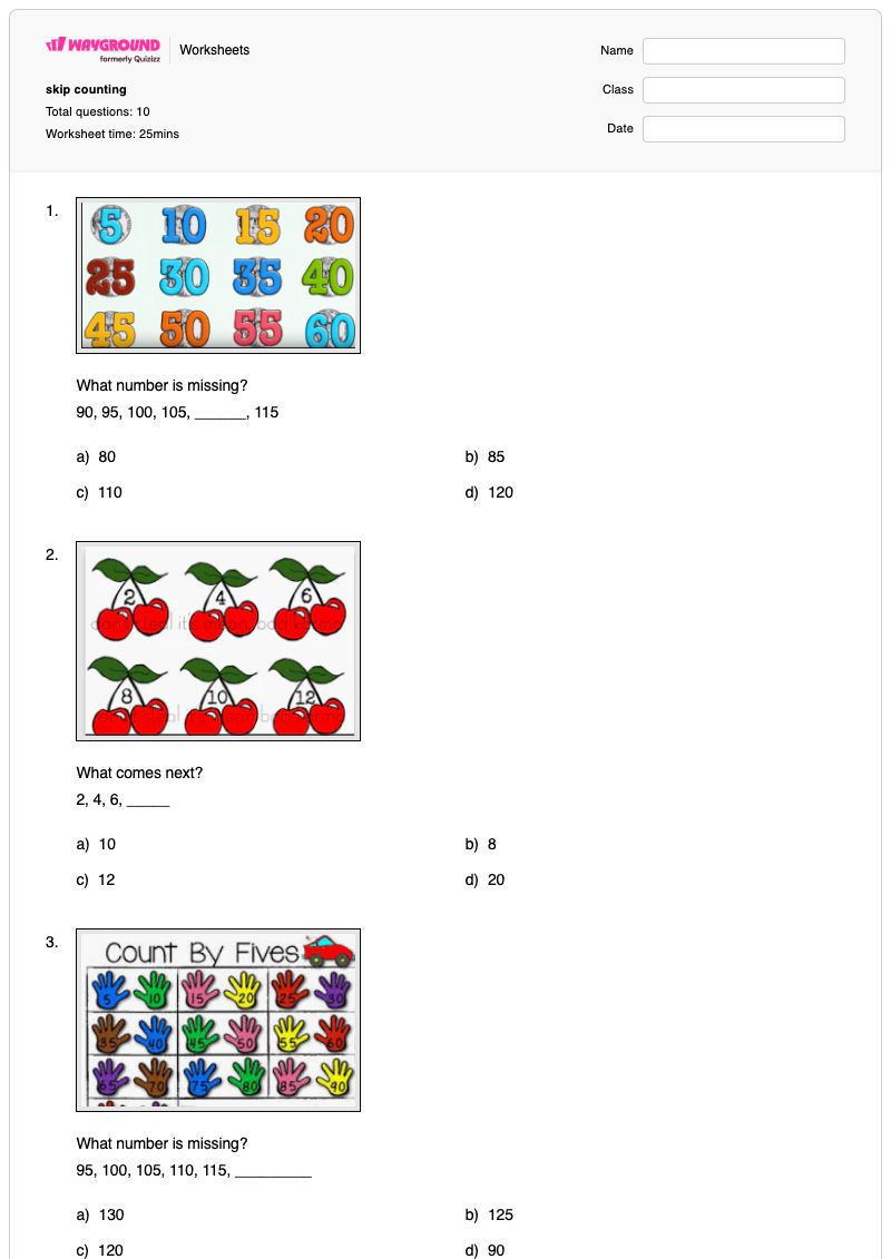 skip counting - พิมพ์ได้ Counting-sequences เวิร์กชีท ระดับ 1 - Wayground