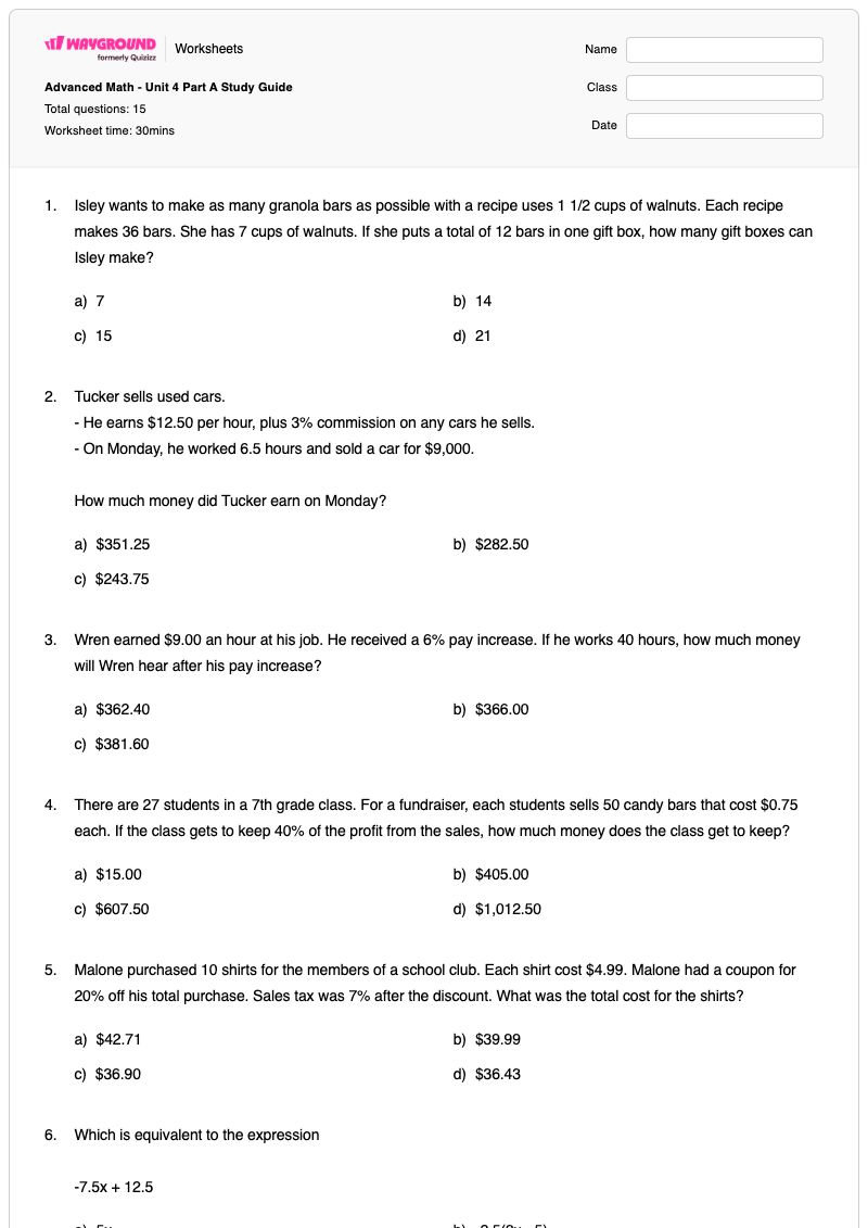 Advanced Math - Unit 4 Part A Study Guide - พิมพ์ได้ พื้นที่และปริมณฑล เวิร์กชีท - Wayground