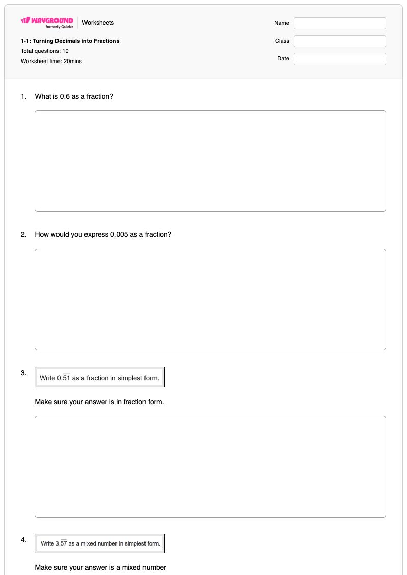 1-1: Turning Decimals into Fractions - Printable Fractions Worksheets - Wayground