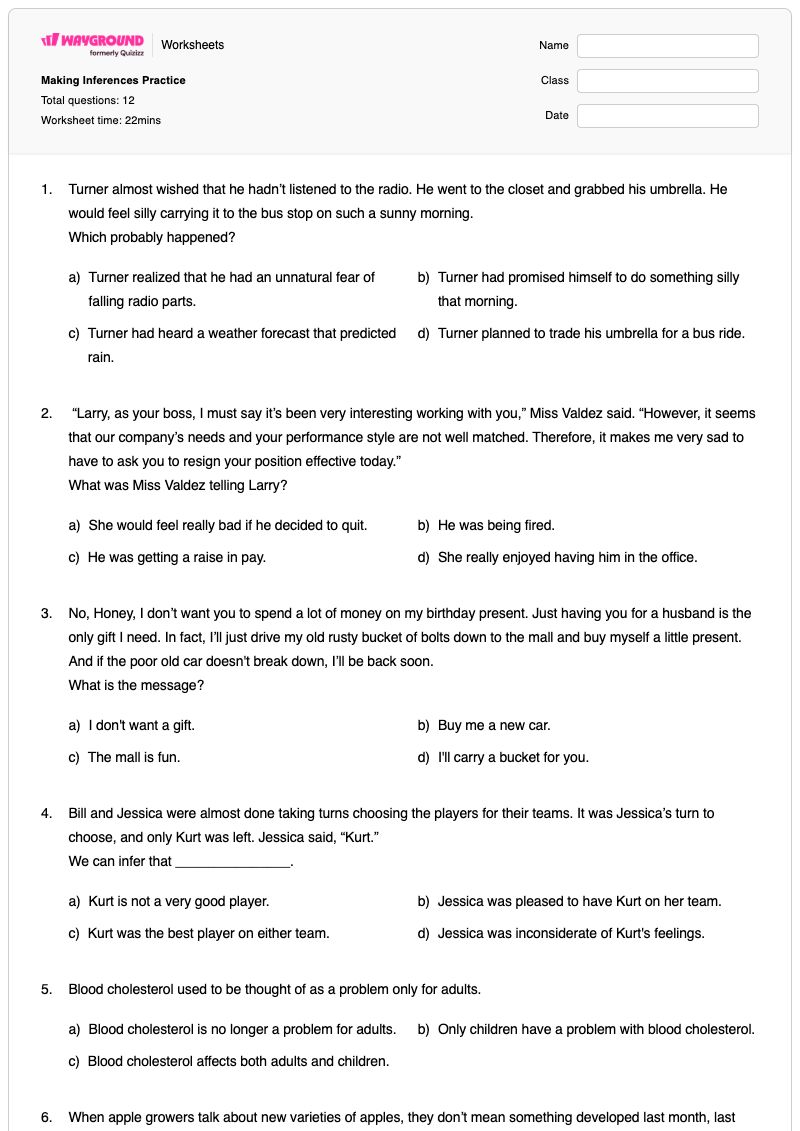 Making Inferences Practice - พิมพ์ได้ การอนุมานและการสรุปผล เวิร์กชีท - Wayground