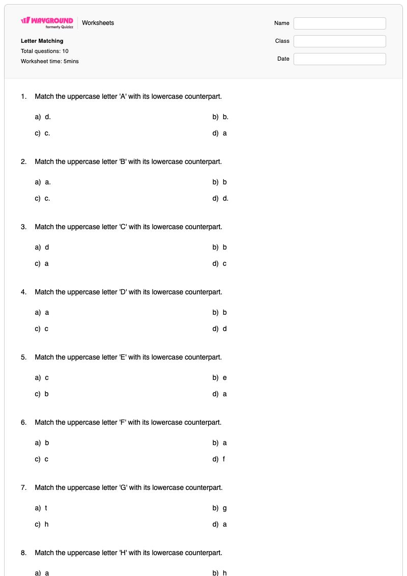 Letter Matching - Printable Uppercase-and-lowercase-matching Worksheets - Wayground