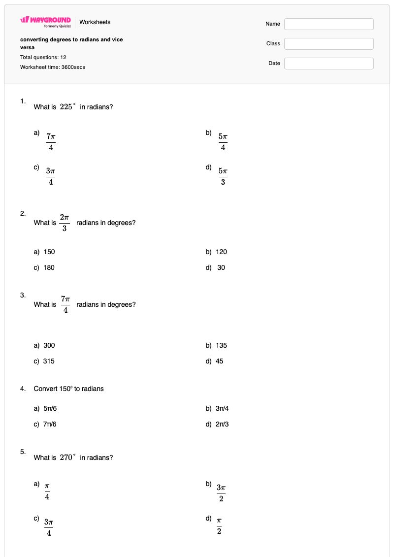 converting degrees to radians and vice versa - Printable Radians-and-degrees Worksheets - Wayground