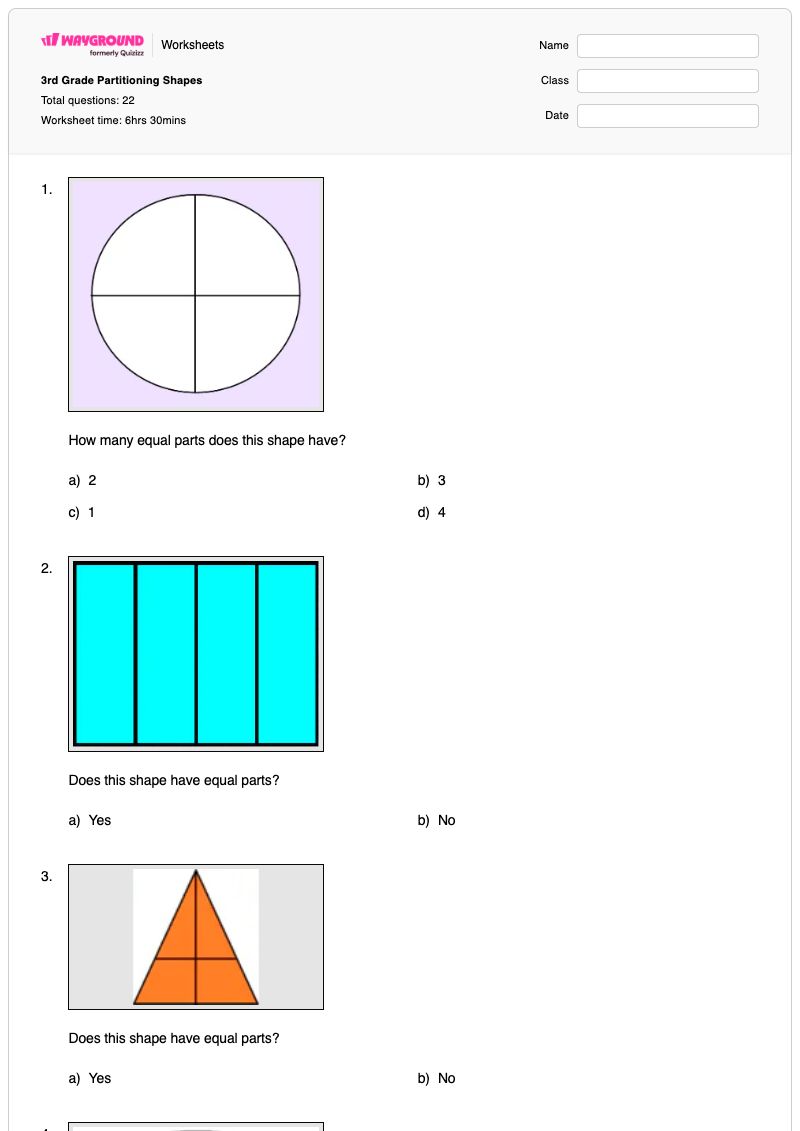 3rd Grade Partitioning Shapes - พิมพ์ได้ การคัดลอกรูปทรง เวิร์กชีท ระดับ 3 - Wayground