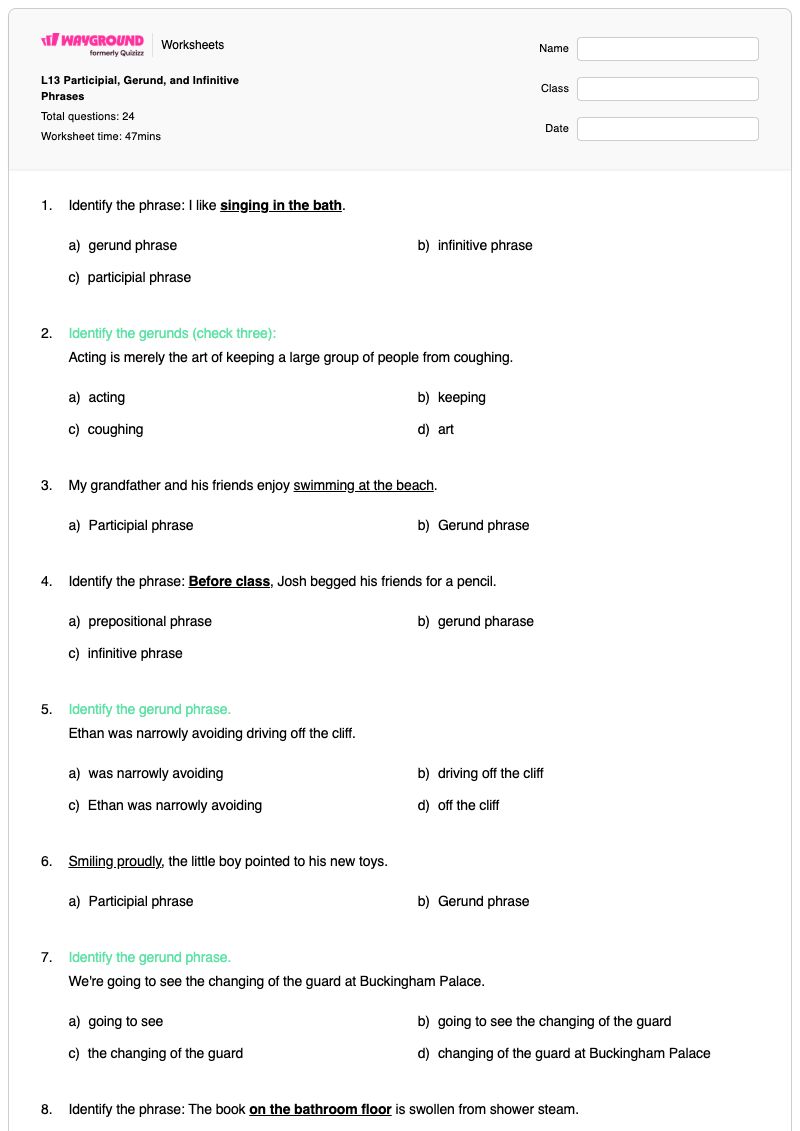 L13 Participial, Gerund, and Infinitive Phrases - Printable Participial-phrases Worksheets Class 9 - Wayground