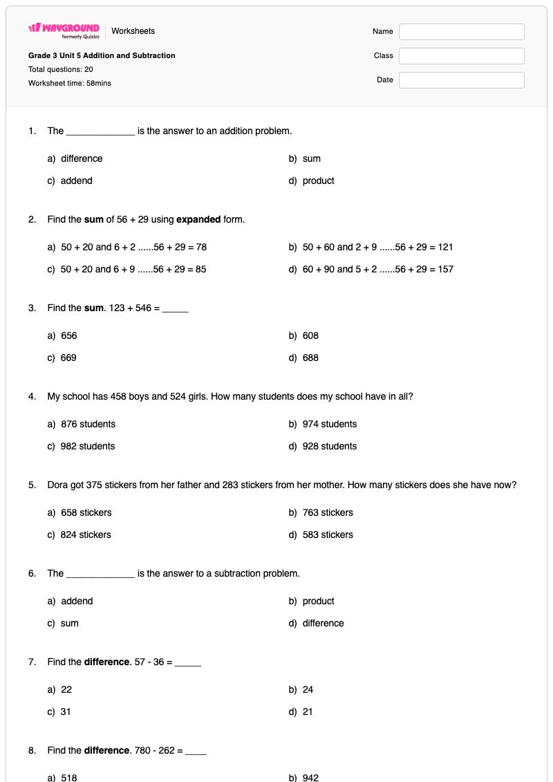 Grade 3 Unit 5 Addition and Subtraction - Printable Addition-and-subtraction Worksheets Grade 3 - Wayground