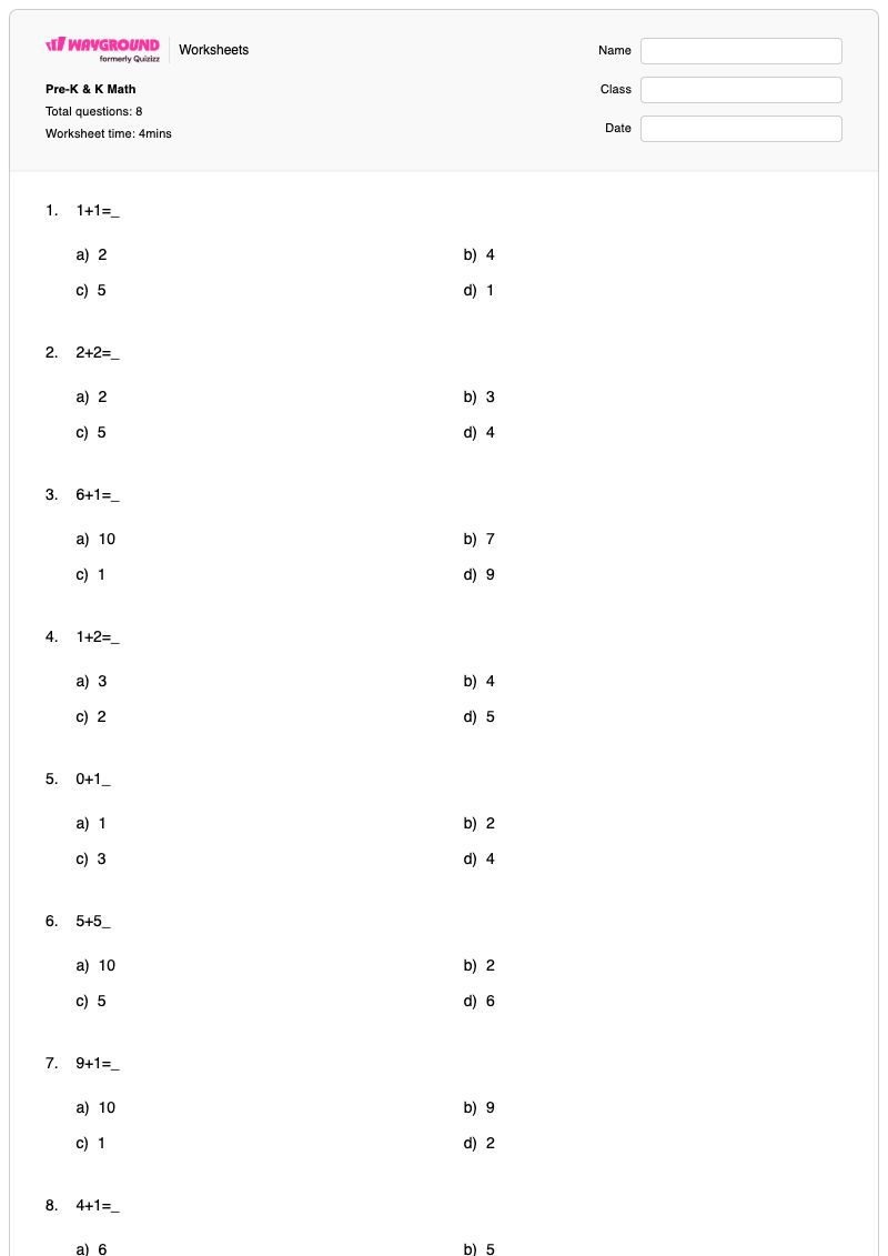 Pre-K & K Math - พิมพ์ได้ ส่วนที่เพิ่มเข้าไป เวิร์กชีท - Wayground