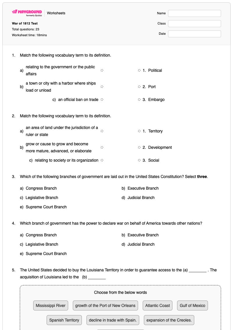 War of 1812 Test - Printable Choices-and-consequences Worksheets Year 7 - Wayground